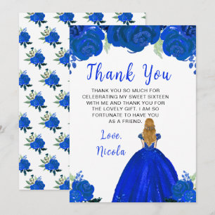 Cartão De Agradecimento Cabelo loiro Princesa Azul Floral Doce Dezesseis