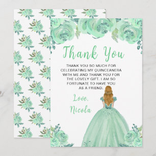 Cartão De Agradecimento Cabelo Loiro Princesa Hortelã Floral Quinceanera