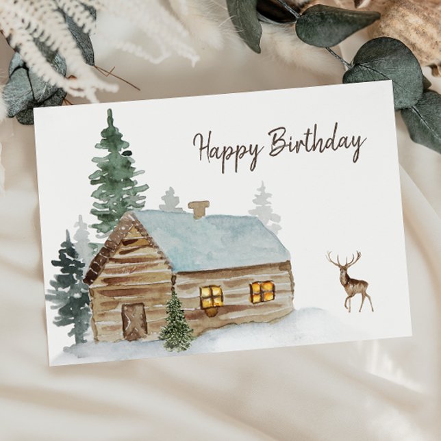 Cartão De Agradecimento Cabina da Floresta Woodland com Deer Birthday (Criador carregado)