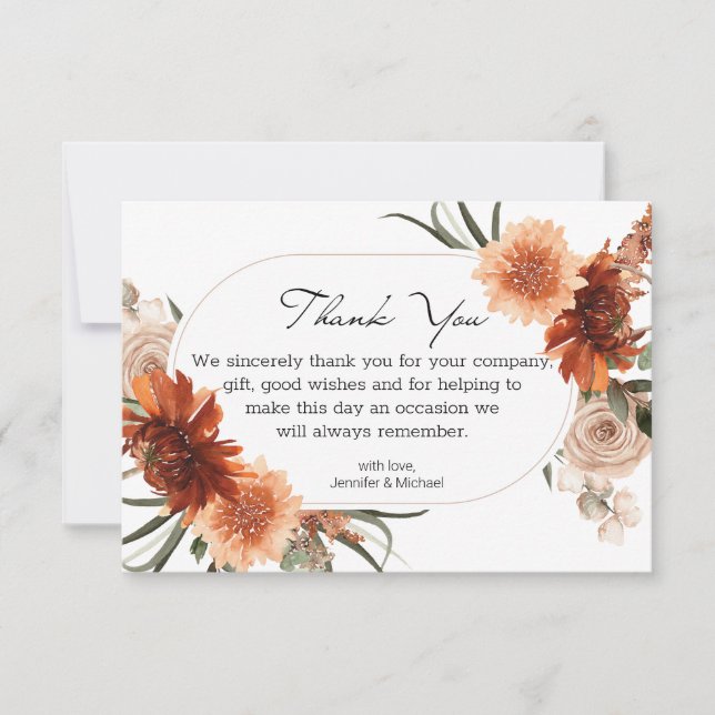 Cartão De Agradecimento cacholor queda floral terracotta casamento moderno (Frente)