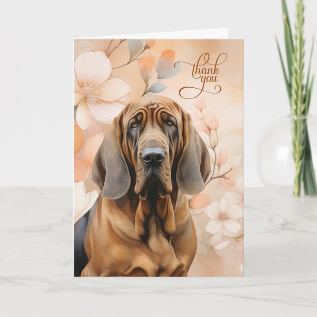 Cartão De Agradecimento Cachorro Bloodhound com Flores de Pessegueiro (Frente)
