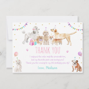 Cartão De Agradecimento Cachorro Rosa Rosa Menina-Rosa Pata-Pássaro Aniver