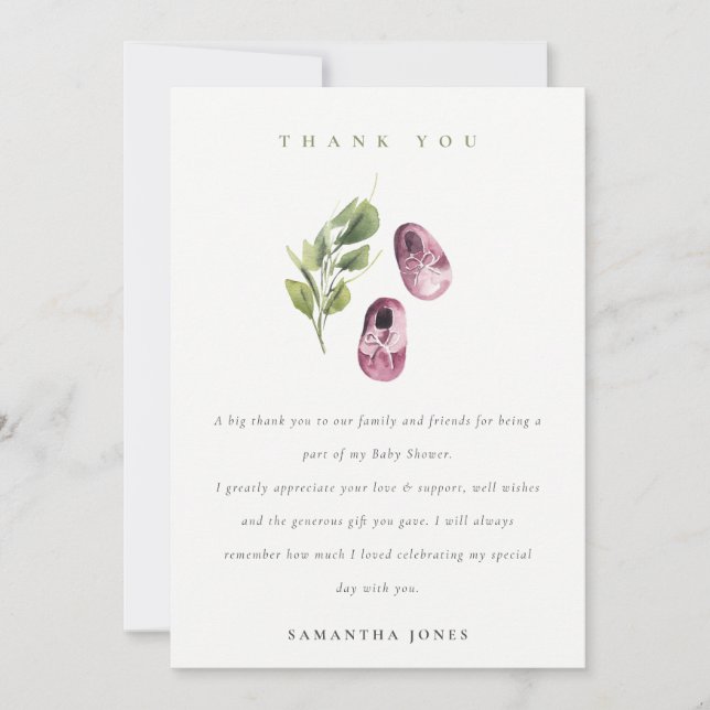 Cartão De Agradecimento Calçado de folhagem verde-rosa Chá de fraldas (Frente)