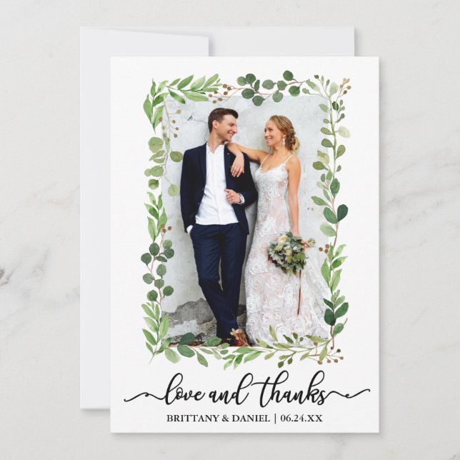 Cartão De Agradecimento Caligrafia Amor e Obrigados Aquarela Eucalyptus (Frente)