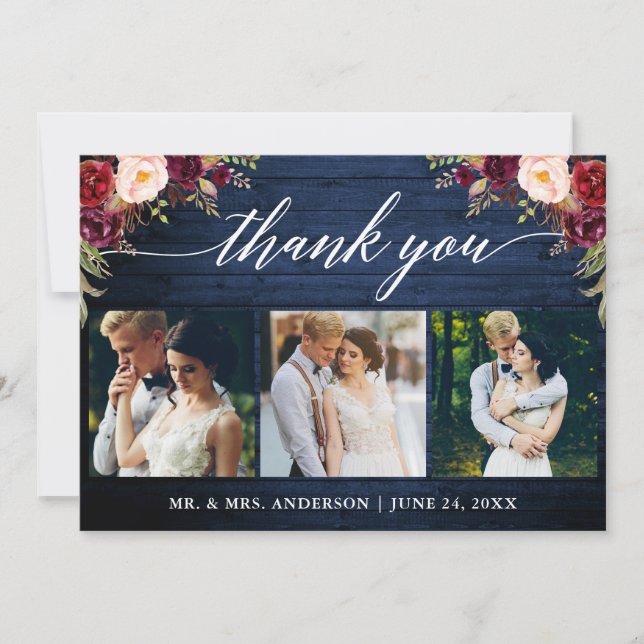 Cartão De Agradecimento Caligrafia Burgundy Casamento Floral Madeira Azul (Frente)