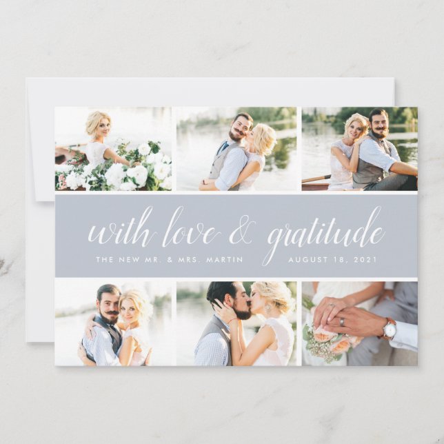 Cartão De Agradecimento Caligrafia Chic | Foto Collage Wedding Obrigado (Frente)