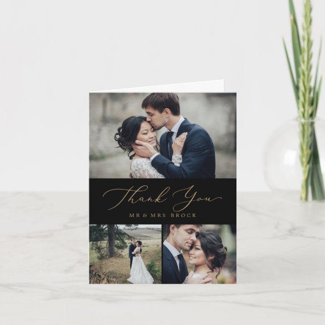 Cartão De Agradecimento Caligrafia Dourada Delicada | Colagem de Fotos Pre (Frente)