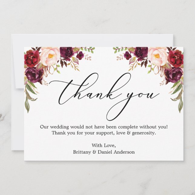 Cartão De Agradecimento Caligrafia Elegante Aquarela Borgonha (Frente)