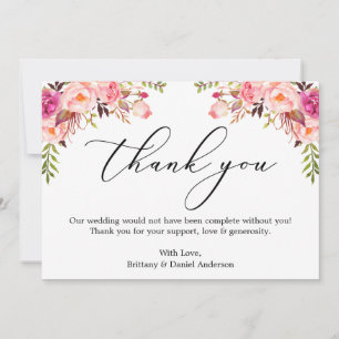 Cartão De Agradecimento Caligrafia Elegante Aquarela Floral Rosa