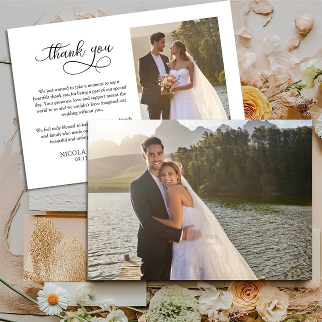 Cartão De Agradecimento Caligrafia Elegante Simples Moderno 2x Foto de Cas (Wedding Photo Thank You Card with elegant modern calligraphy, full bleed photo and vertical photo)