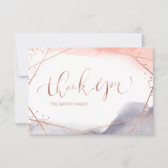 Cartão De Agradecimento Caligrafia Geométrica por rosa Dourada Dawn Waterc (Frente)
