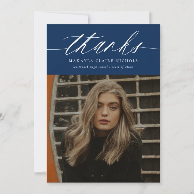 Cartão De Agradecimento Caligrafia Moderna Dois Graduação Azul de Foto (Frente)