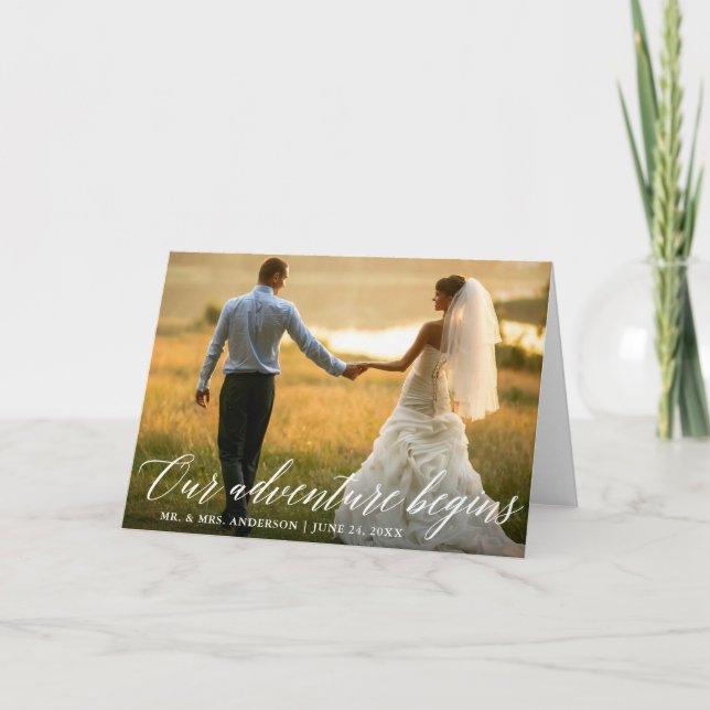 Cartão De Agradecimento Caligrafia Nossa Aventura Começa A Casar Dobra (Frente)