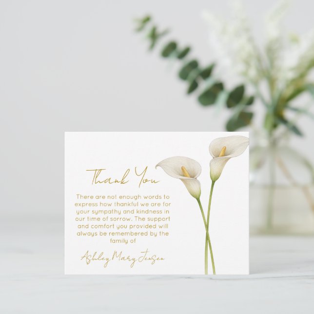 Cartão De Agradecimento Calla Lily Funeral Thank You Card Bereavement  (Em pé/Frente)