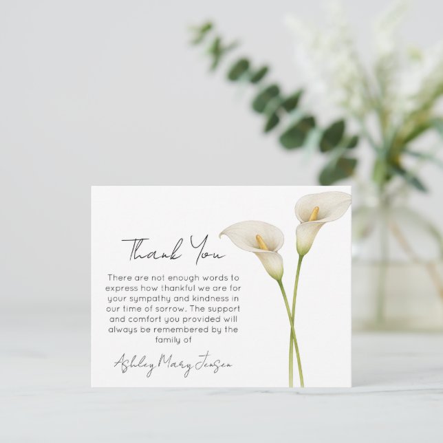 Cartão De Agradecimento Calla Lily Funeral Thank You Card Bereavement  (Em pé/Frente)