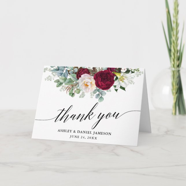 Cartão De Agradecimento Calligrafia Burgundy Floral Greenerescência Dourad (Frente)
