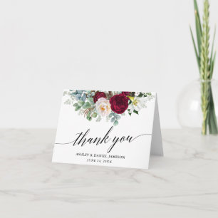 Cartão De Agradecimento Calligrafia Burgundy Floral Greenery Nota de Casam