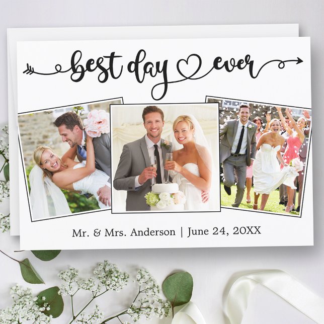 Cartão De Agradecimento Calligraphy Heart Best Day Ever 3 Photos Wedding (Customize to change your personalized text size or text style.)