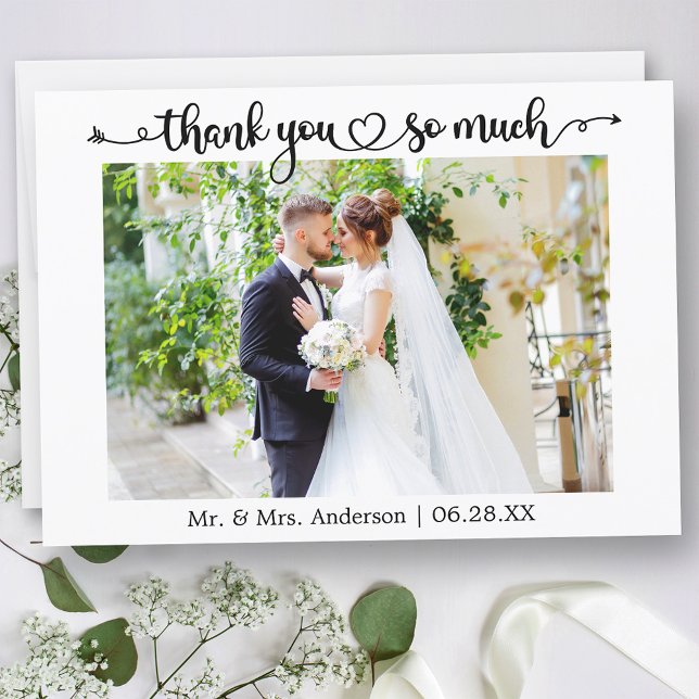 Cartão De Agradecimento Calligraphy Script Heart Wedding Photo (Customize to change your personalized text size or text style.)