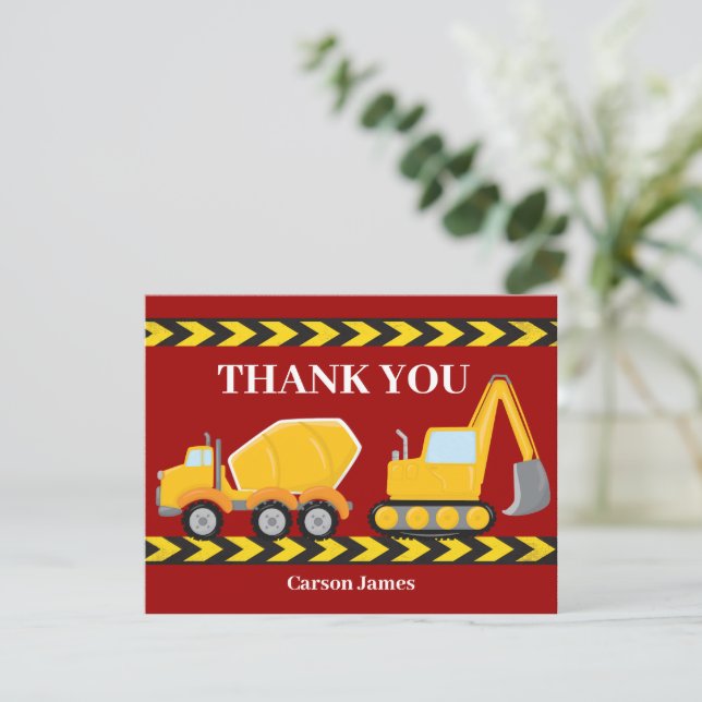 Cartão De Agradecimento Caminhão de Construção Vermelho Personalizado para (Em pé/Frente)