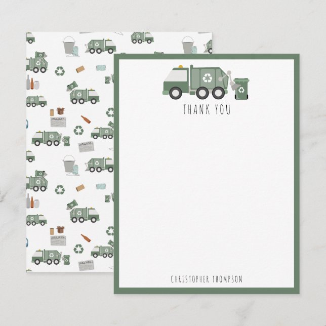 Cartão De Agradecimento Caminhões de reciclagem verde fofos nomes de veícu (Frente/Verso)