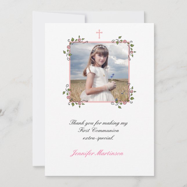 Cartão De Agradecimento Cantos Florais Rosa, Foto Comunitária Obrigado (Frente)