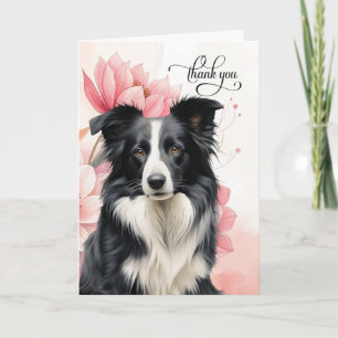 Cartão De Agradecimento Cão Border Collie Flores Botânicas Rosa Suave