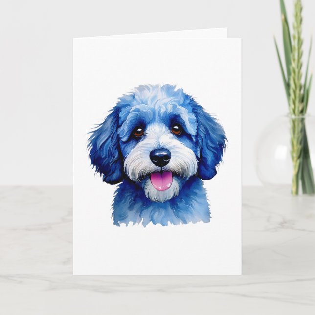 Cartão De Agradecimento Cãozinho de Sheepadoodle sorrindo em azul! (Frente)
