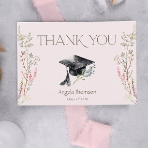 Cartão De Agradecimento Capelo de Gradução Simples com Flores Silvestres G
