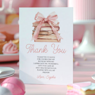 Cartão De Agradecimento Capítulo Livro de Histórias Laço Rosa Livros Festa