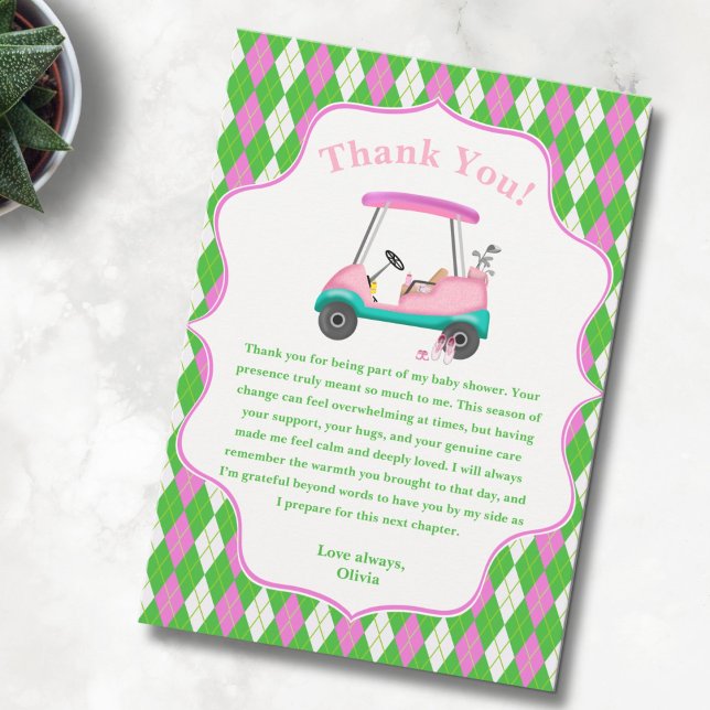 Cartão De Agradecimento Carrinho De Golfe Elegante Pronto Para Chá de fral (Thank you in golf style! ⛳💗 A playful baby shower card for golf-loving parents.)