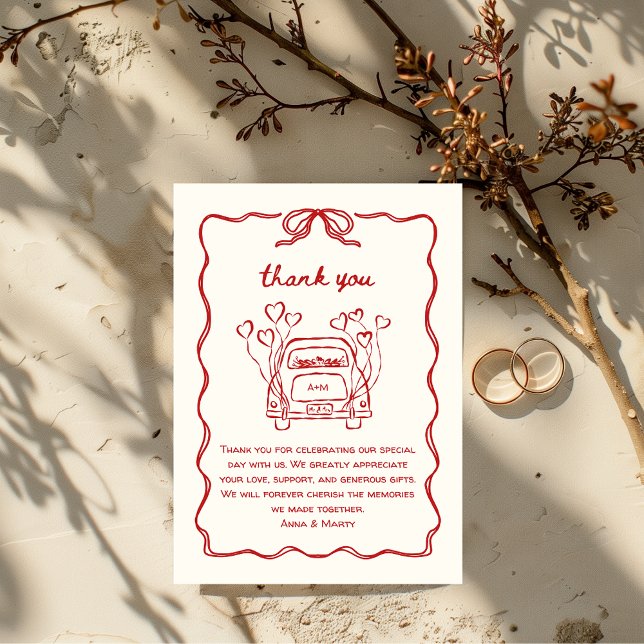 Cartão De Agradecimento Carro-Arco Único Vermelho Retrorado (hand illustrated hand drawn wedding thank you card in red, funky retro vintage quirky whimsical)