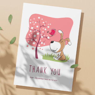 Cartão De Agradecimento Cartoon Cachorro Cachorrinho Pássaro Flor Rosa Ani