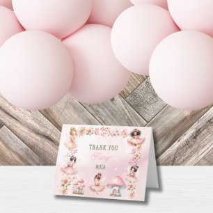 Cartão De Agradecimento Casa de Cogumelo Fada Rosa Aniversário