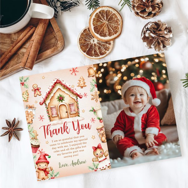 Cartão De Agradecimento Casa de Pão de Mel Vermelho Foto do Aniversário (Criador carregado)