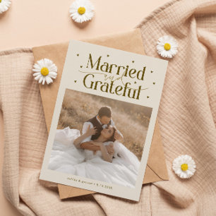 Cartão De Agradecimento Casados e Gratos Foto de Casamento Creme