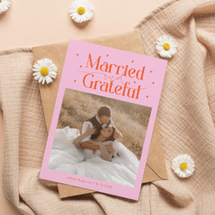 Cartão De Agradecimento Casados & Gratos Foto de Casamento Laranja Rosa