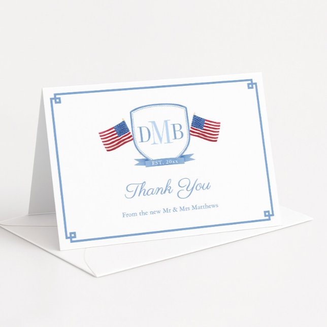 Cartão De Agradecimento Casais Patrióticos Elegantes Casamento Monograma (Patriotice three letter triple monogram crest wedding thank you card design with USA flags)