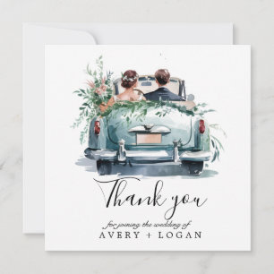 Cartão De Agradecimento casal em carro antigo aquarela save the date