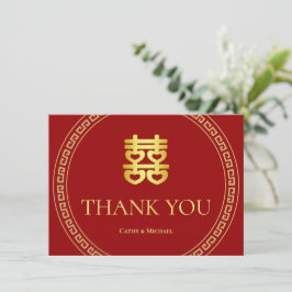 Cartão De Agradecimento Casal rubricado quadro vermelho de casamento chinê