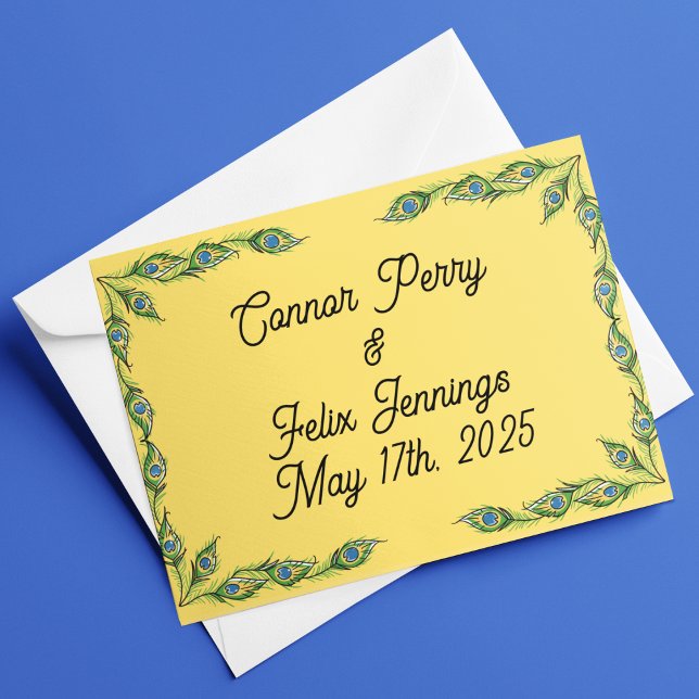 Cartão De Agradecimento Casamento Amarelo de Penas de Peacock (Criador carregado)