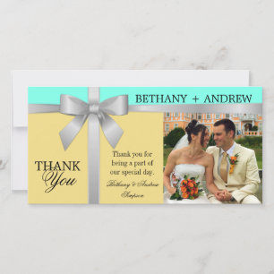 Cartão De Agradecimento Casamento Amarelo Silver Ribbon Aqua Obrigado