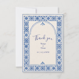 Cartão De Agradecimento Casamento Aquarela Arco de Azulejo Azul Mediterrân
