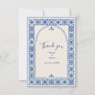 Cartão De Agradecimento Casamento Aquarela Arco de Azulejo Azul Mediterrân