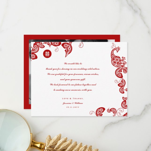 Cartão De Agradecimento Casamento Asiático Vermelho Floral Boho Peacock Or (Frente/Verso In Situ)