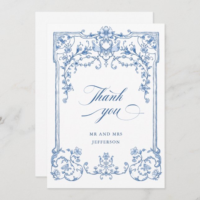 Cartão De Agradecimento Casamento Azul com Grace Floral Dusty, Ornamentado (Frente/Verso)