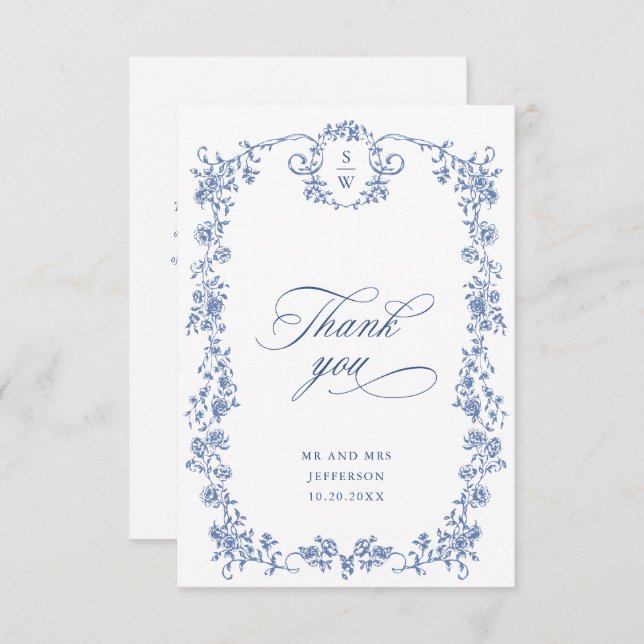 Cartão De Agradecimento Casamento Azul com Grace Floral Dusty, Ornamentado (Frente/Verso)