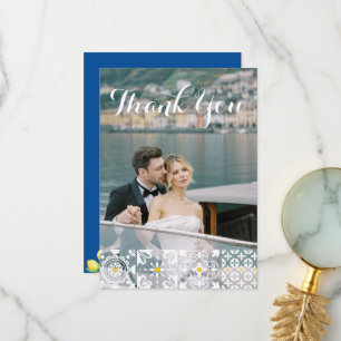 Cartão De Agradecimento Casamento Azul com Limões Azulejos do Mediterrâneo