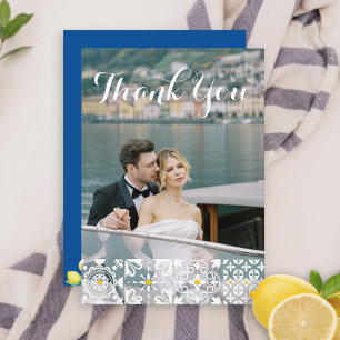 Cartão De Agradecimento Casamento Azul de Azulejos Mediterrâneos com Aquar