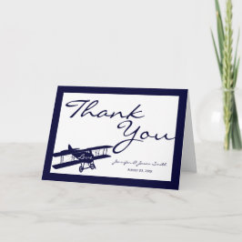 Cartão De Agradecimento Casamento Azul Do Aviador De Biplano Vintage Obrig